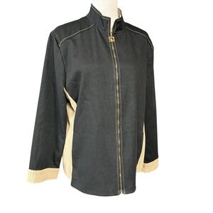 Vintage St John Sport Jacket Womens Medium Black Denim Logo Zip USA 2000s